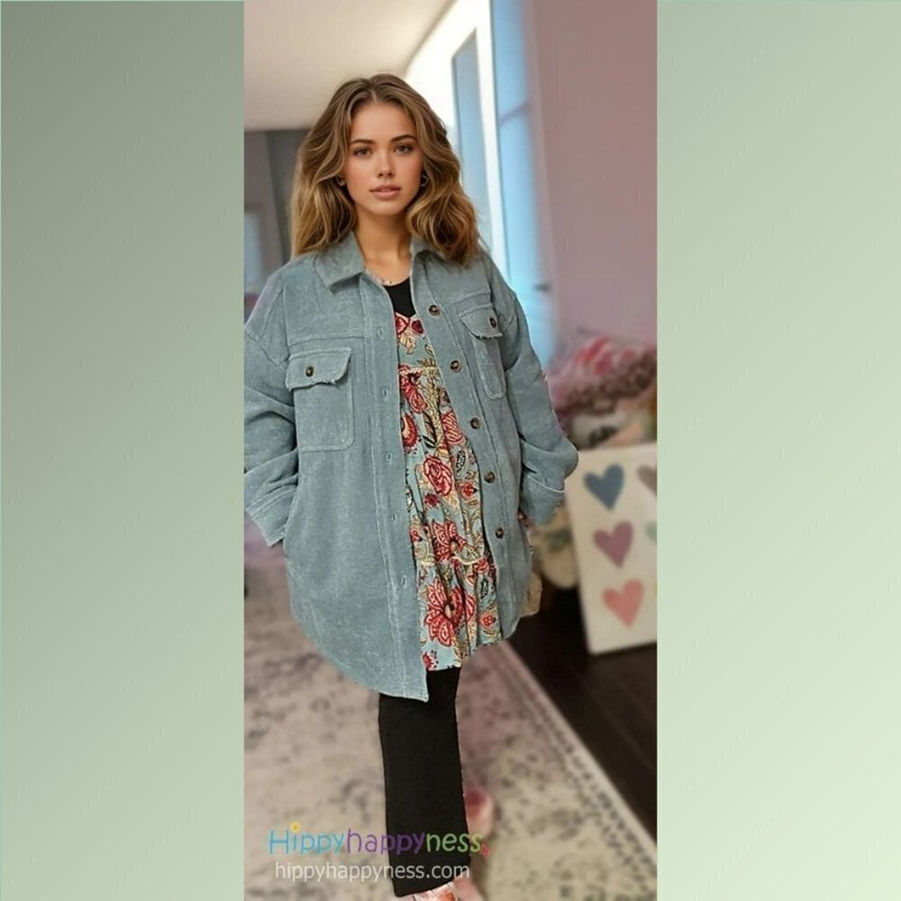Oli & Hali Shacket Shirt Jacket Oversized Plush Dusty Blue S,M,L,XL,1X,2…